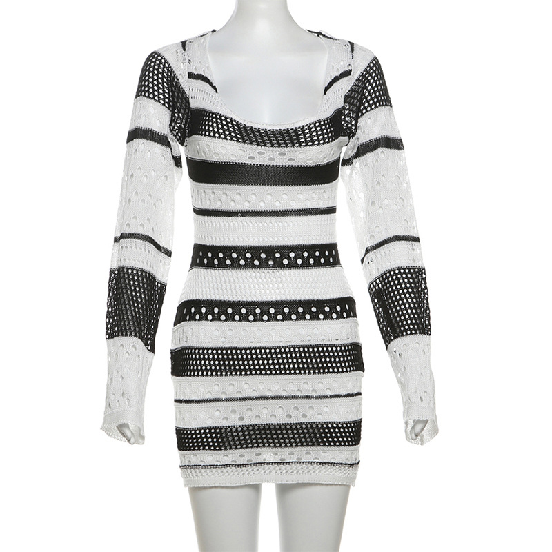 Knitted autumn stripe dress halter sexy T-back