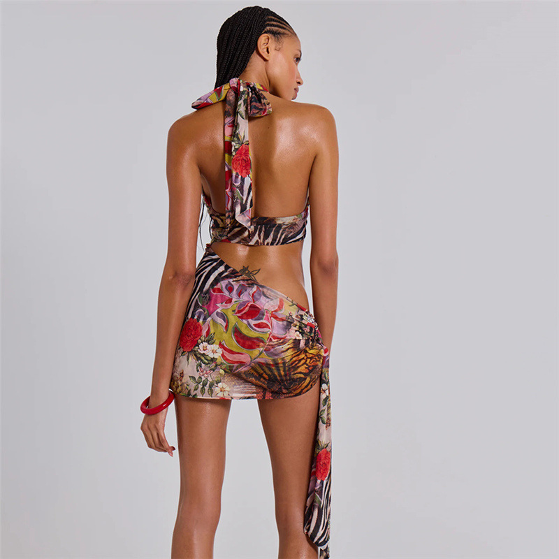 Streamer halter printing dress sexy navel spicegirl T-back