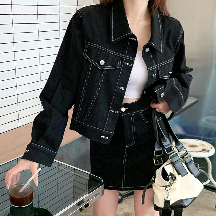 Fashion black large yard skirt denim short coat a set