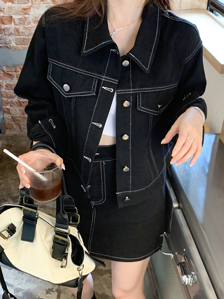 Fashion black large yard skirt denim short coat a set