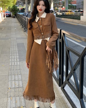 Large yard retro skirt corduroy slim jacket 2pcs set