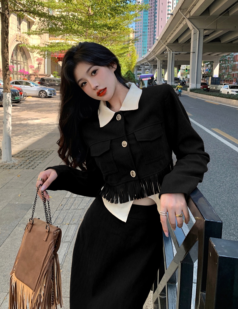 Large yard retro skirt corduroy slim jacket 2pcs set