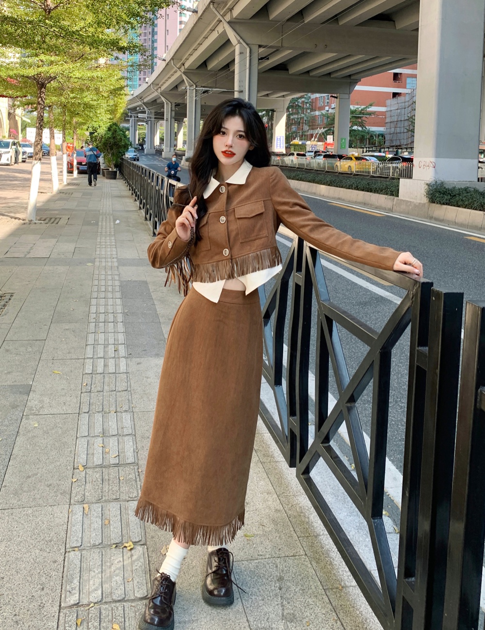 Large yard retro skirt corduroy slim jacket 2pcs set