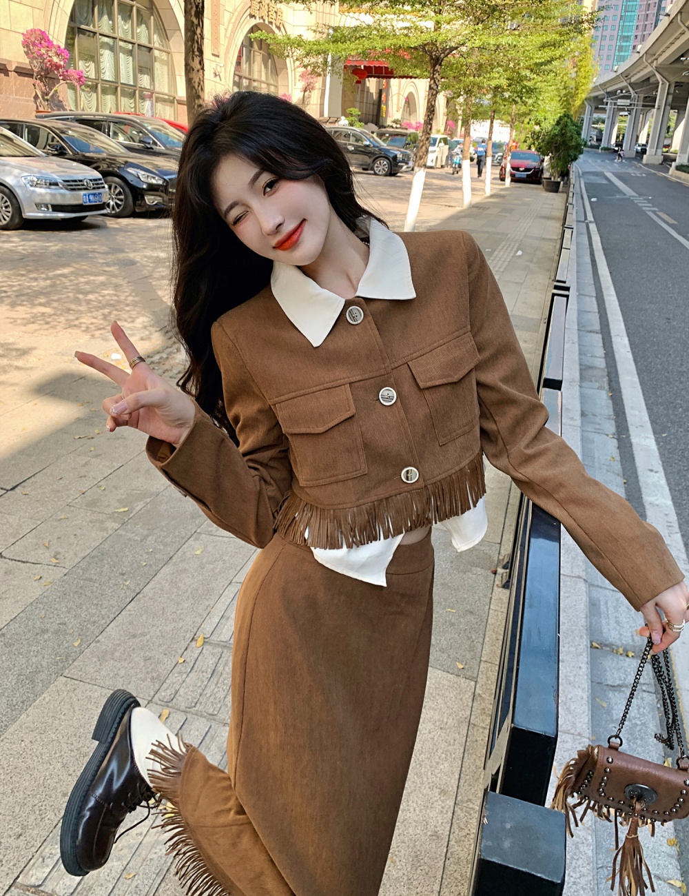 Large yard retro skirt corduroy slim jacket 2pcs set