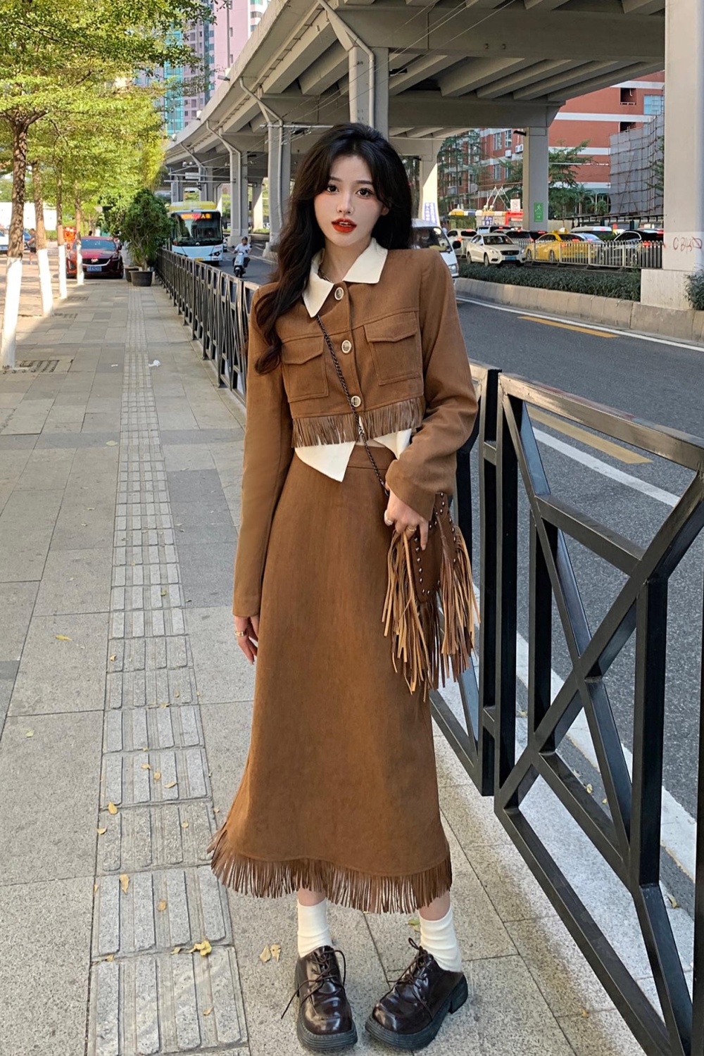 Large yard retro skirt corduroy slim jacket 2pcs set