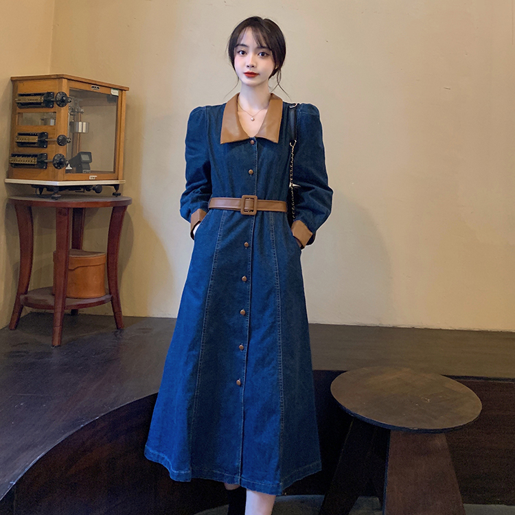 Retro lapel single-breasted pinched waist dress for women