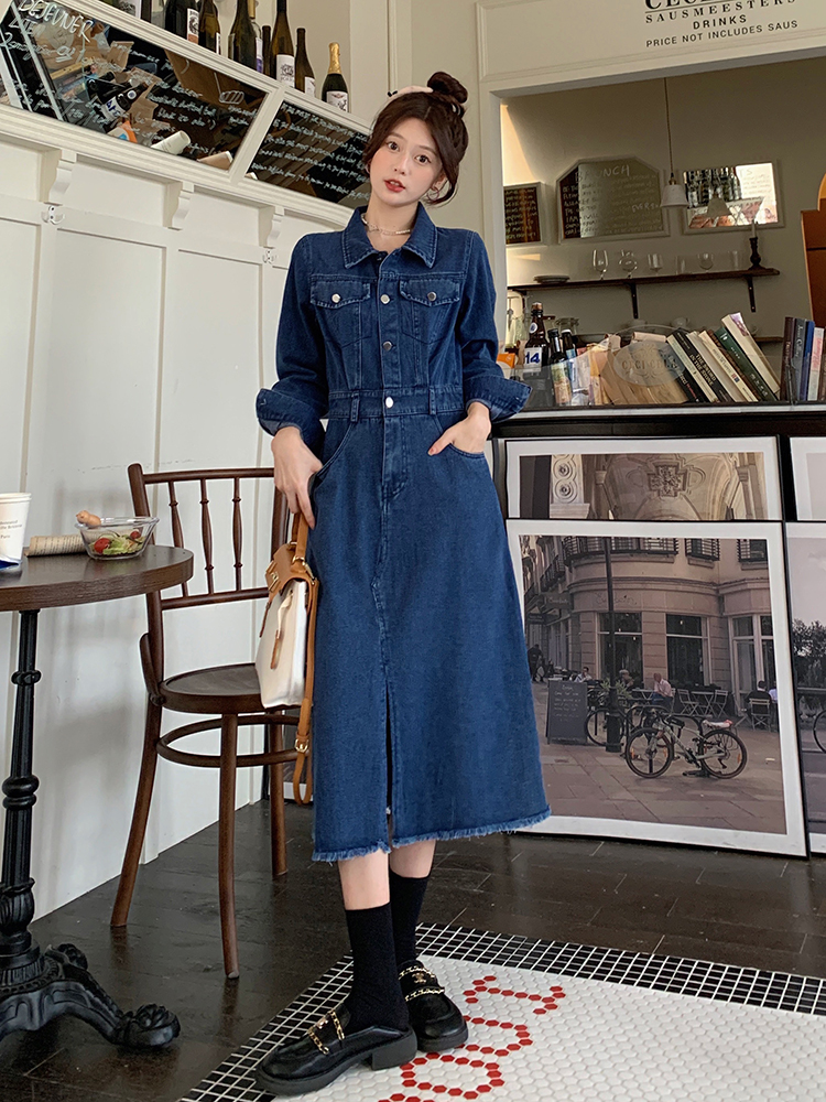 Slim long sleeve denim retro fat long large yard dress