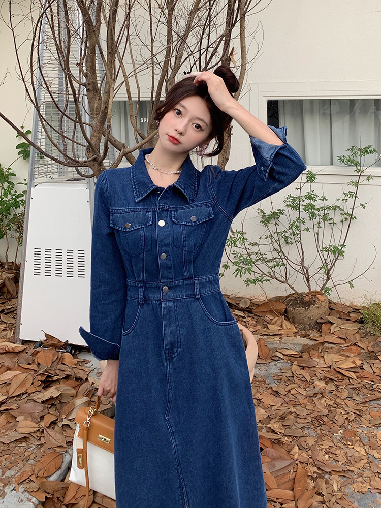 Slim long sleeve denim retro fat long large yard dress