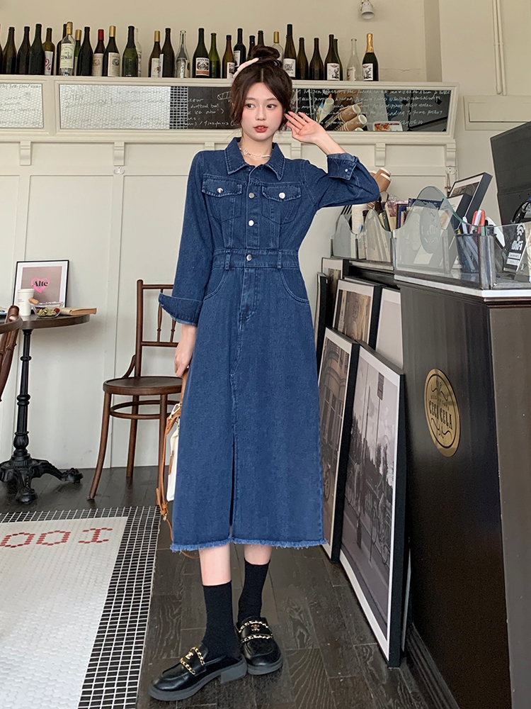 Slim long sleeve denim retro fat long large yard dress