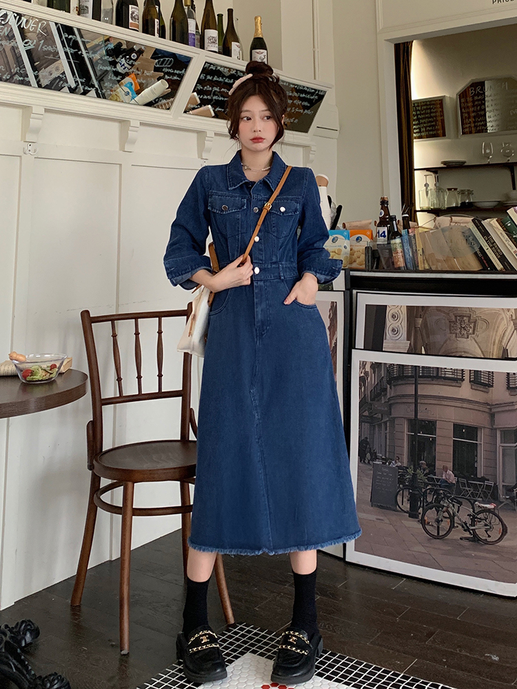 Slim long sleeve denim retro fat long large yard dress