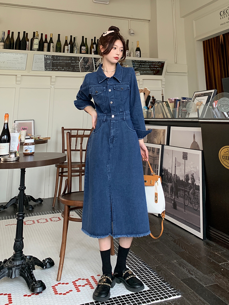 Slim long sleeve denim retro fat long large yard dress