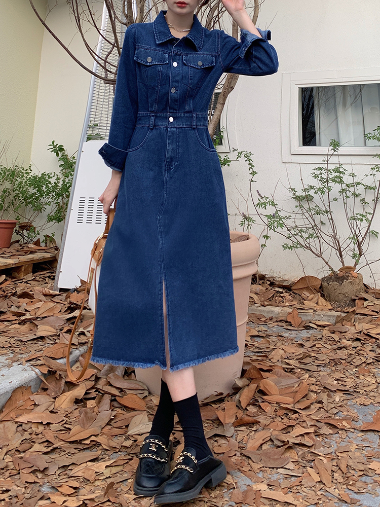 Slim long sleeve denim retro fat long large yard dress