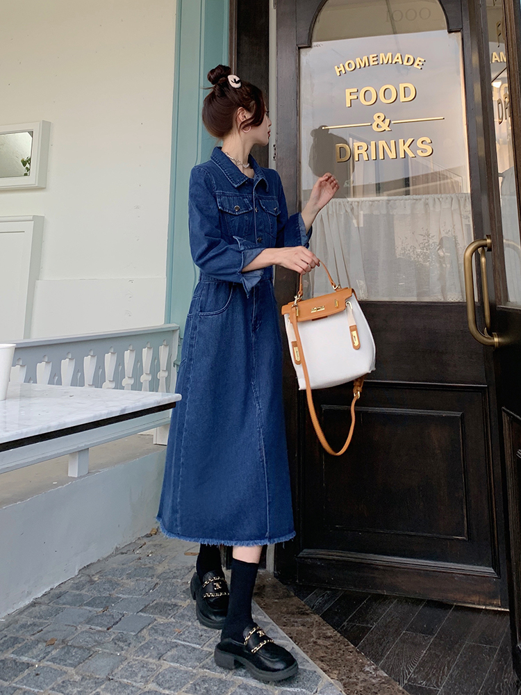 Slim long sleeve denim retro fat long large yard dress