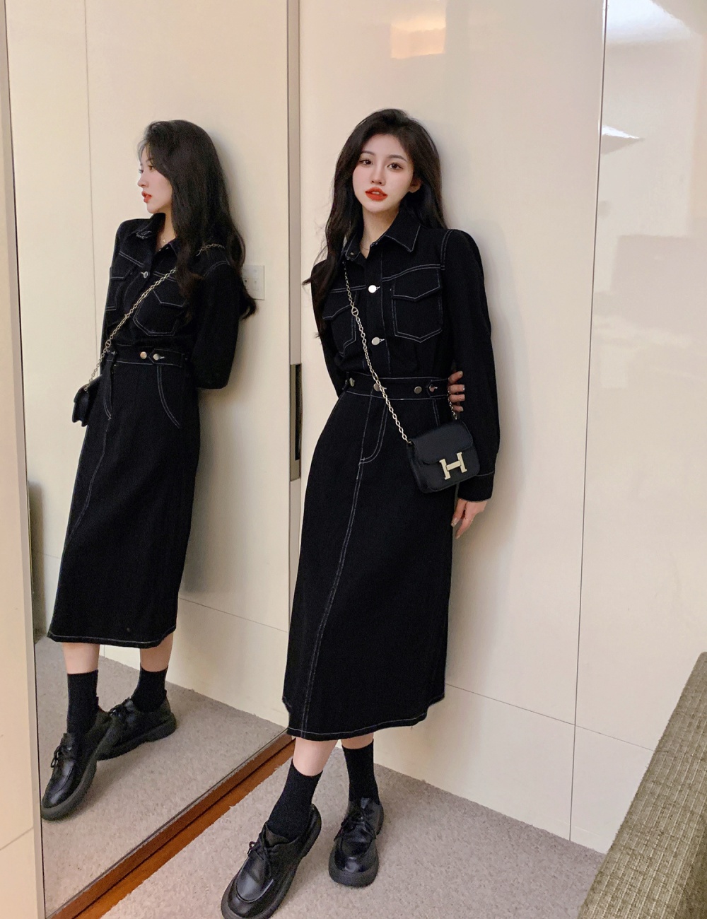 Temperament denim dress long sleeve long dress for women