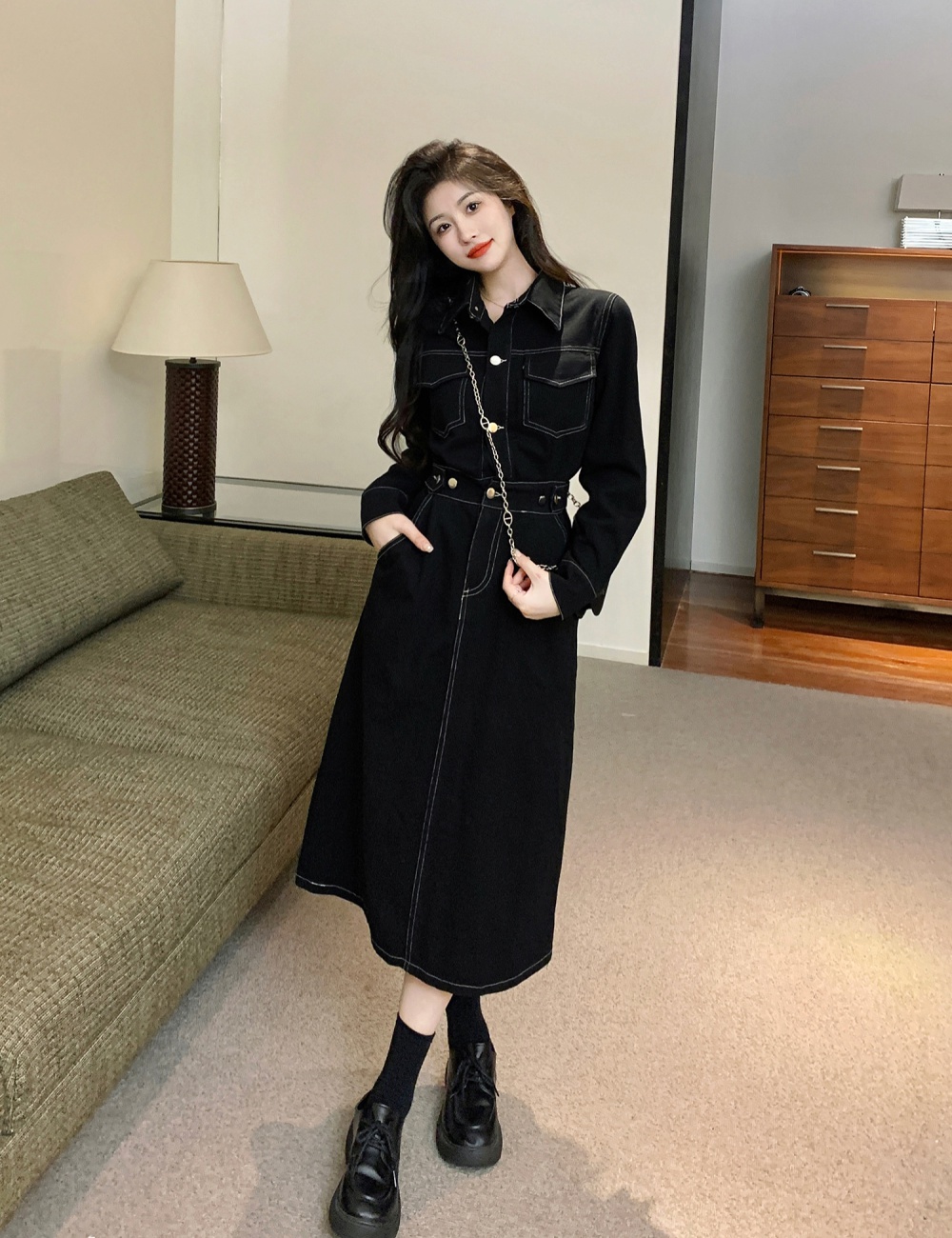 Temperament denim dress long sleeve long dress for women