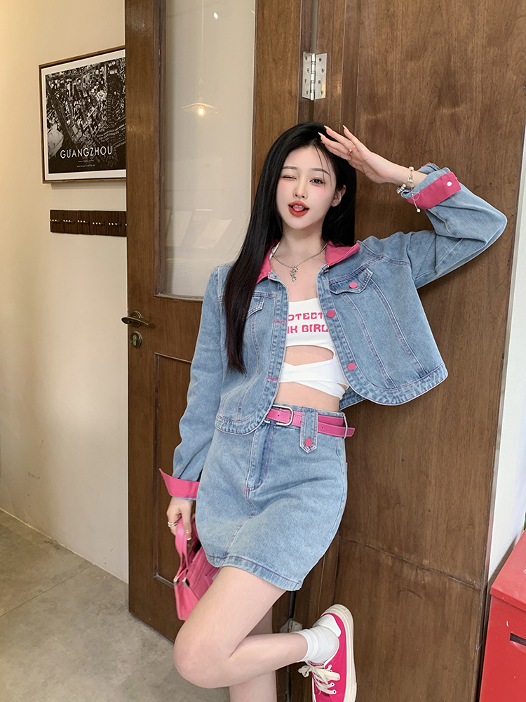 Splice denim skirt short fashion coat 2pcs set