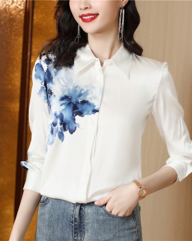 Ink satin autumn printing retro white niche shirt for women