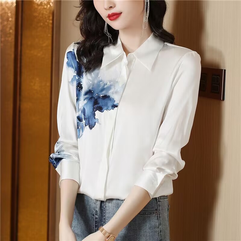 Ink satin autumn printing retro white niche shirt for women