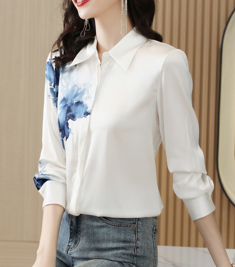 Ink satin autumn printing retro white niche shirt for women