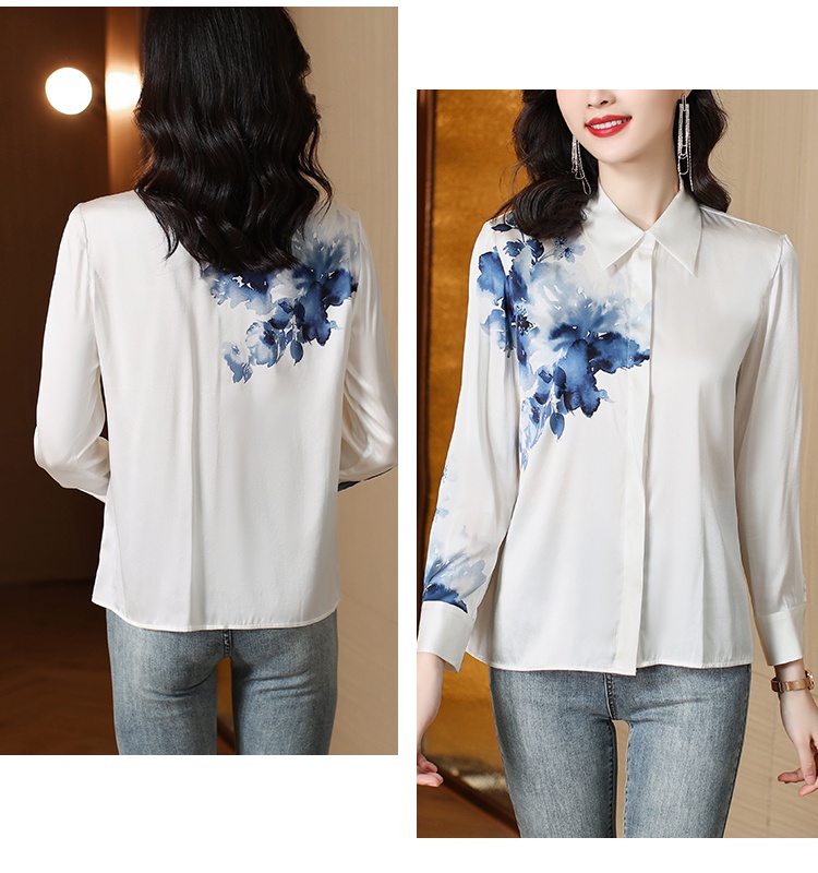 Ink satin autumn printing retro white niche shirt for women