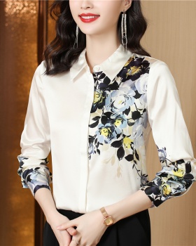 Fashion printing tops lapel white shirt for women