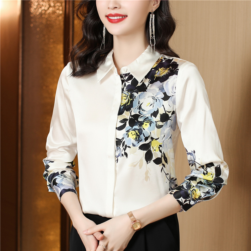 Fashion printing tops lapel white shirt for women