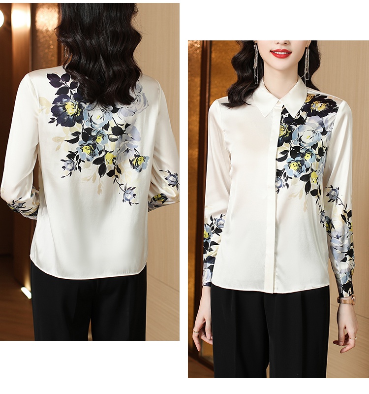 Fashion printing tops lapel white shirt for women