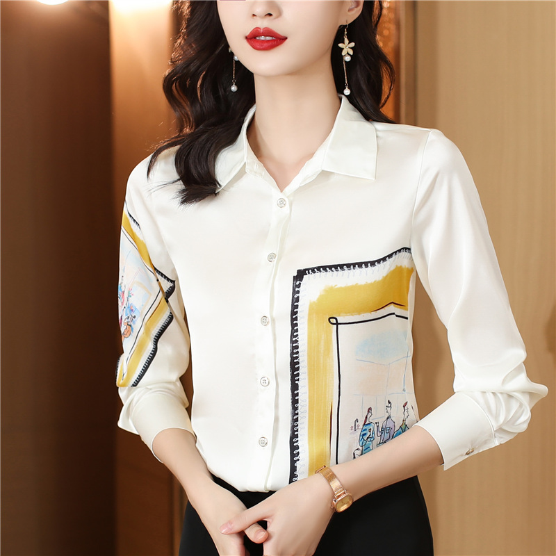 Autumn real silk niche tops long sleeve silk printing shirt