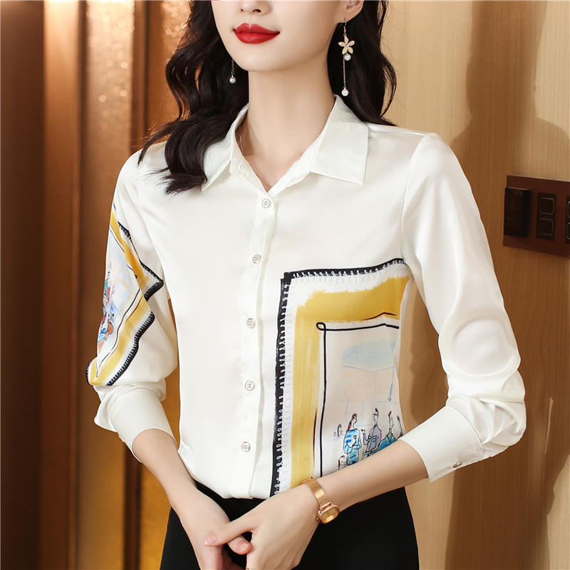 Autumn real silk niche tops long sleeve silk printing shirt