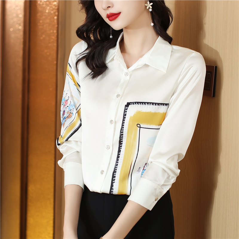 Autumn real silk niche tops long sleeve silk printing shirt