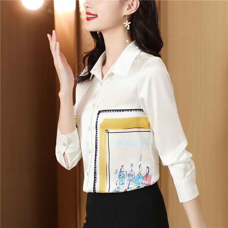 Autumn real silk niche tops long sleeve silk printing shirt