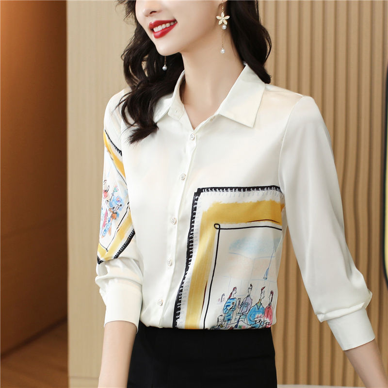 Autumn real silk niche tops long sleeve silk printing shirt