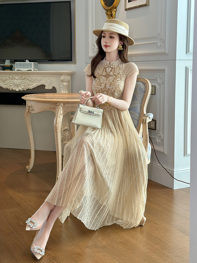 Hollow pinched waist summer short sleeve long dress