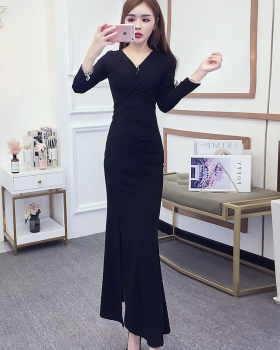 Slim V-neck formal dress split pinched waist dress