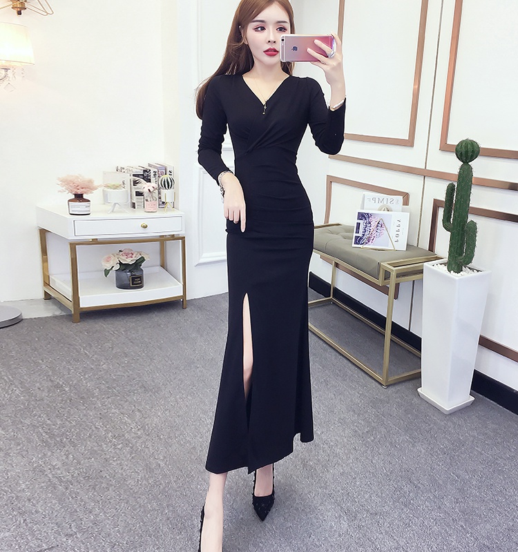 Slim V-neck formal dress split pinched waist dress