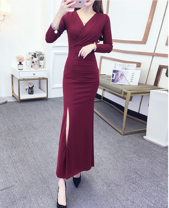 Slim V-neck formal dress split pinched waist dress