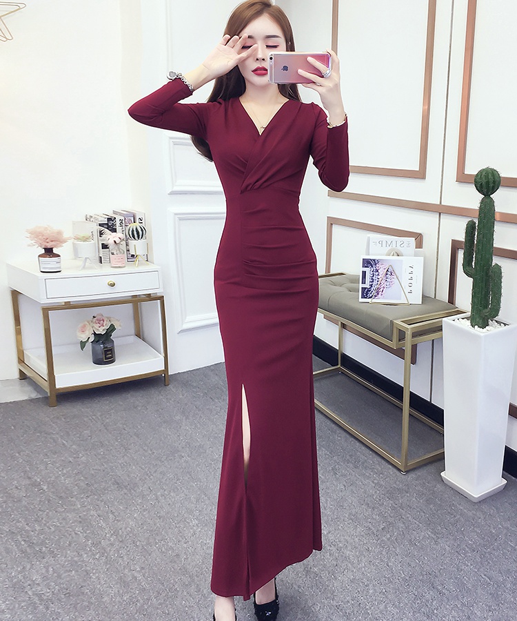 Slim V-neck formal dress split pinched waist dress