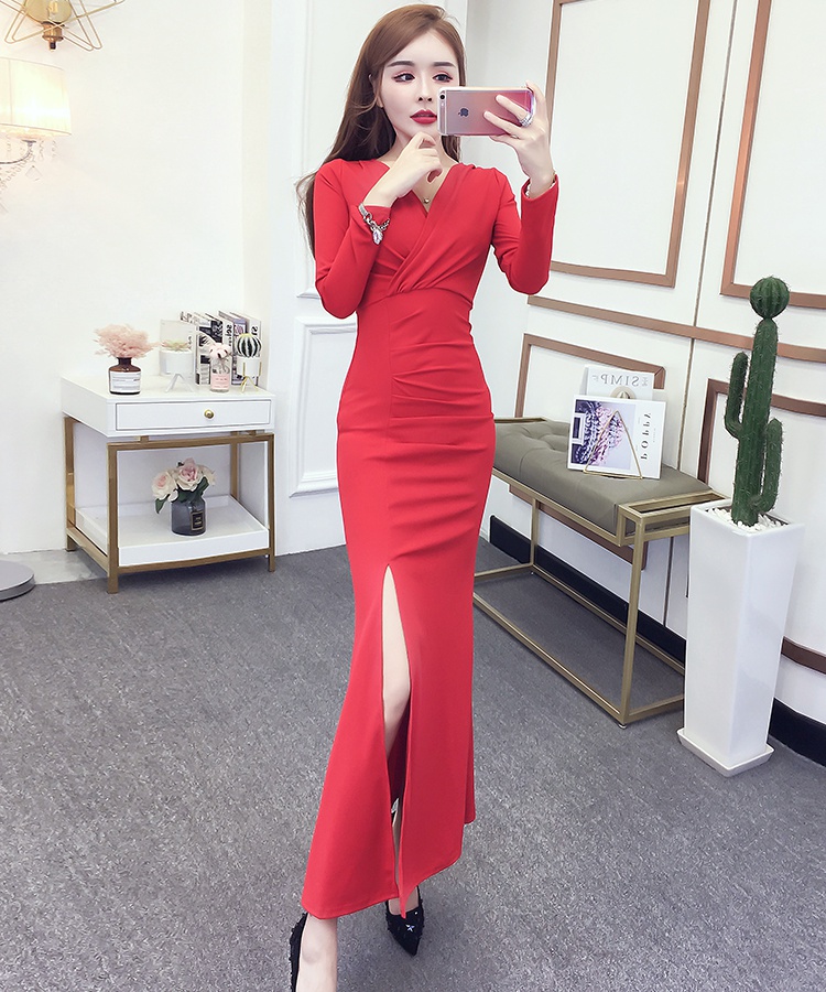 Slim V-neck formal dress split pinched waist dress