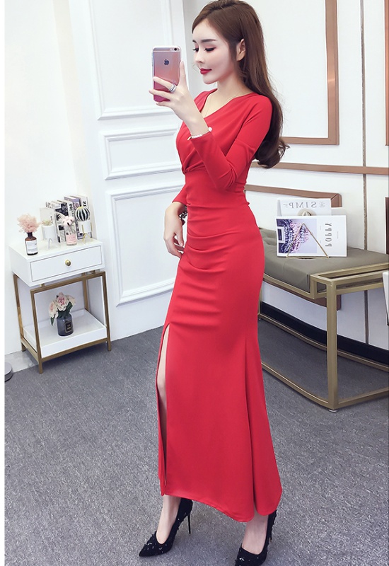 Slim V-neck formal dress split pinched waist dress