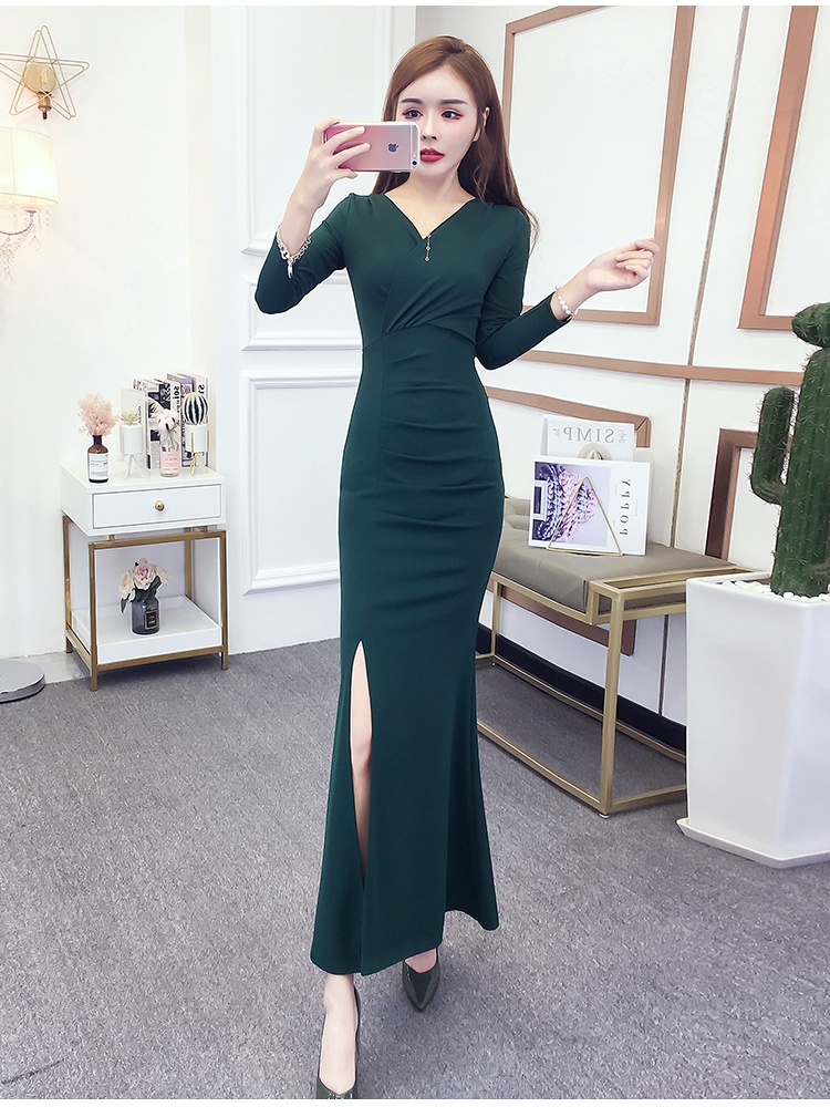 Slim V-neck formal dress split pinched waist dress