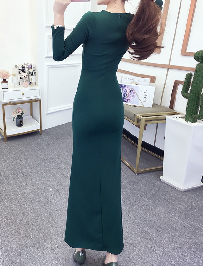 Slim V-neck formal dress split pinched waist dress