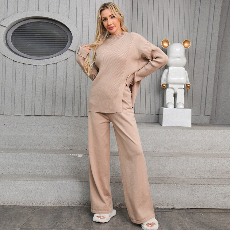 Pure knitted round neck pants 2pcs set for women