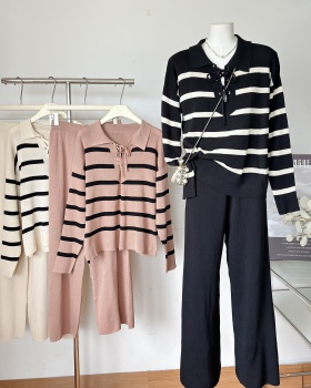 Bandage knitted tops stripe sweater 2pcs set for women