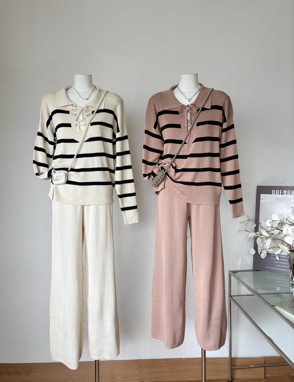 Bandage knitted tops stripe sweater 2pcs set for women