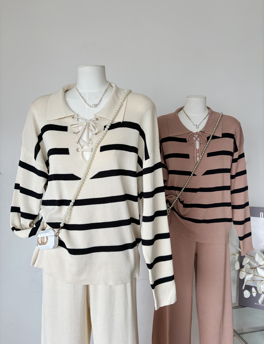 Bandage knitted tops stripe sweater 2pcs set for women