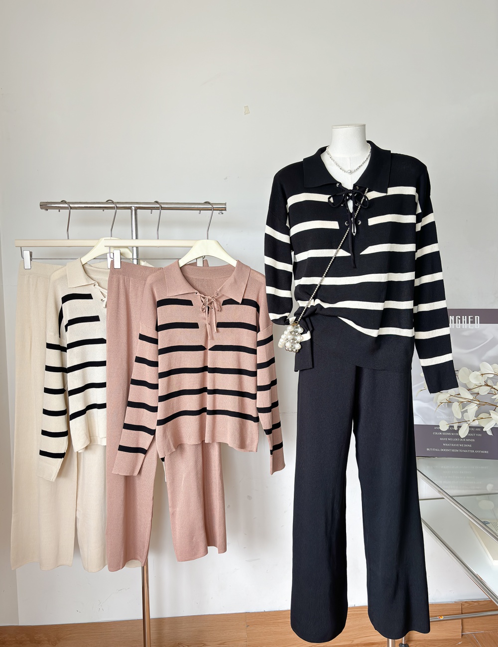 Bandage knitted tops stripe sweater 2pcs set for women