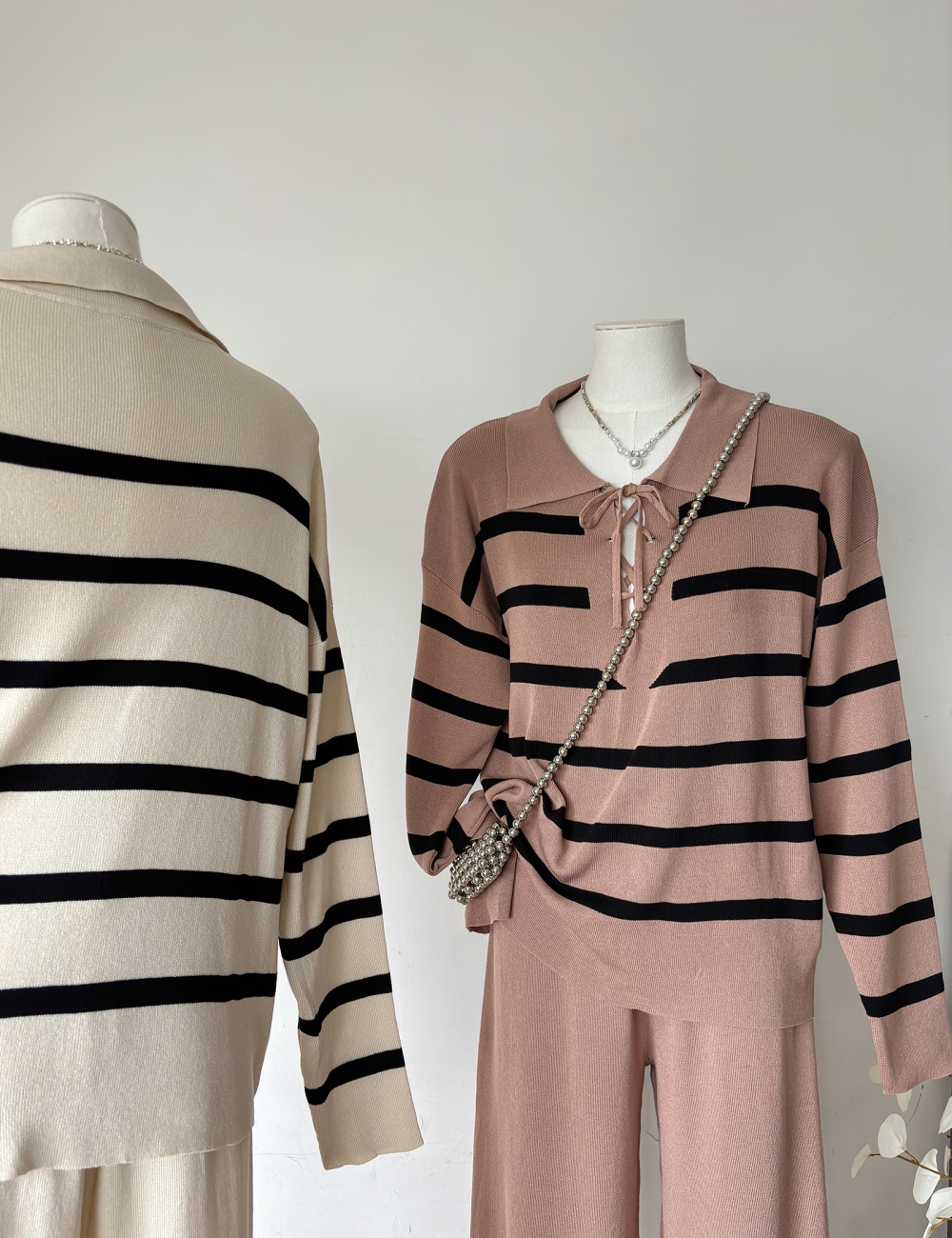 Bandage knitted tops stripe sweater 2pcs set for women