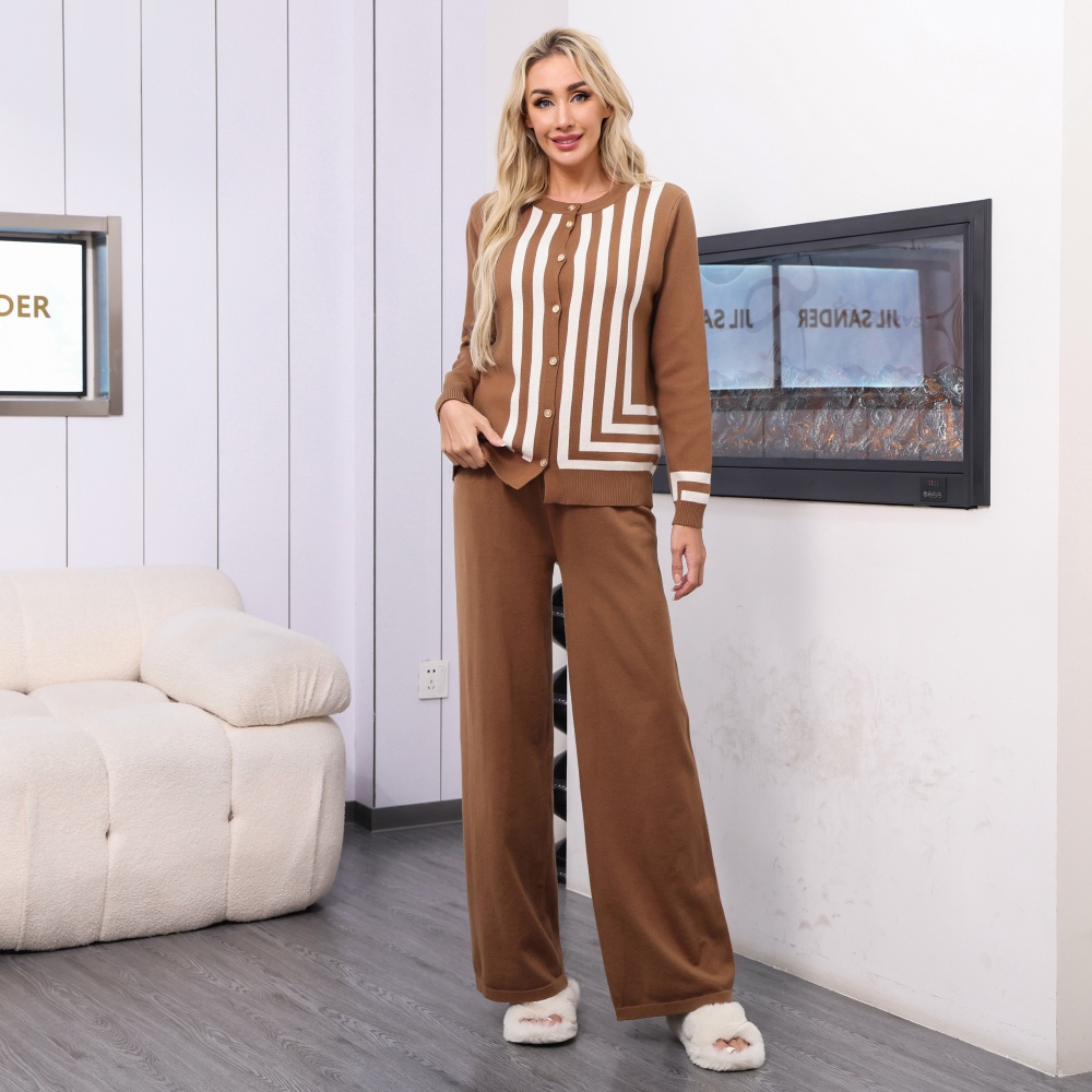 Long sleeve wide leg pants stripe cardigan 2pcs set