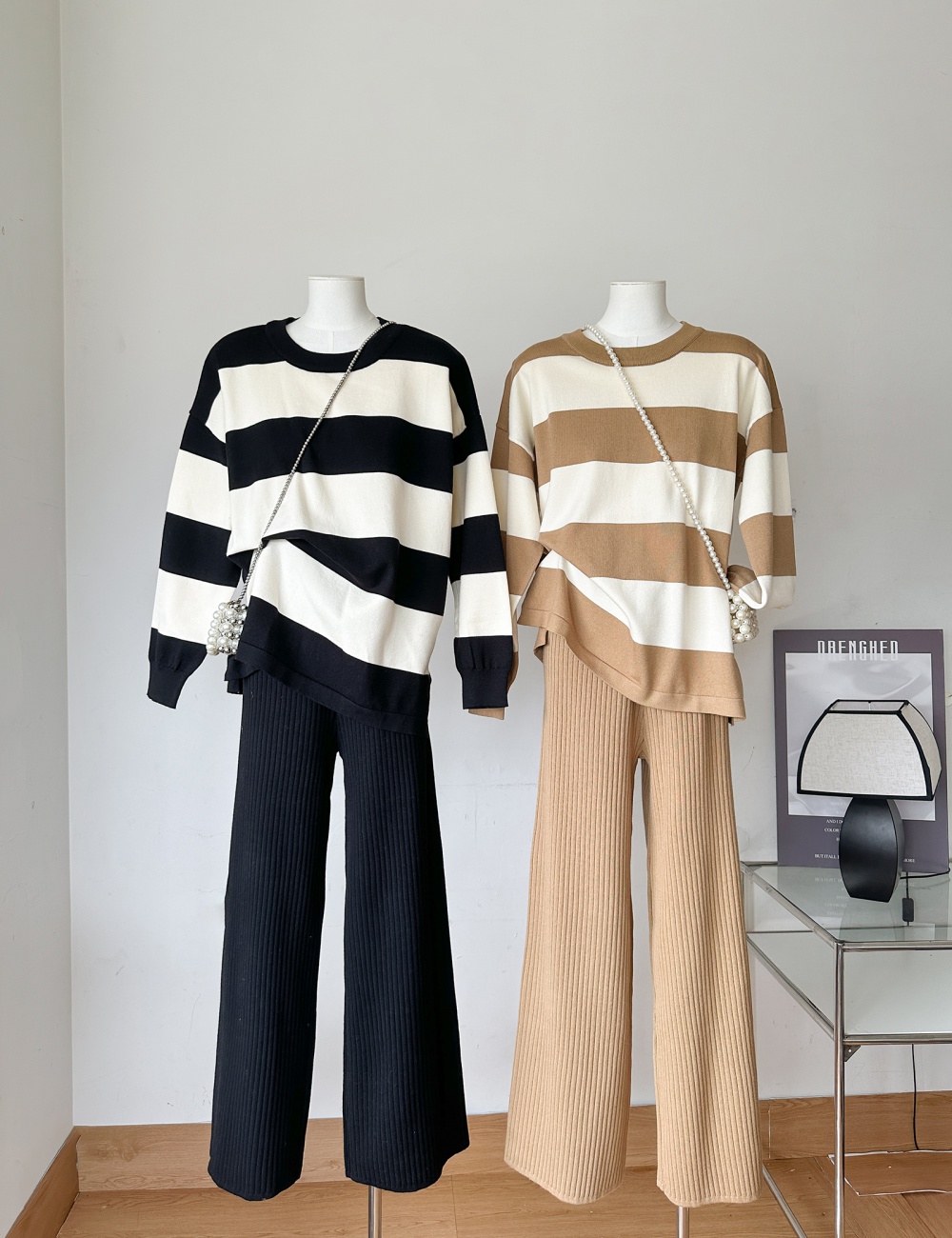 Splice fashion stripe round neck sweater 2pcs set for women