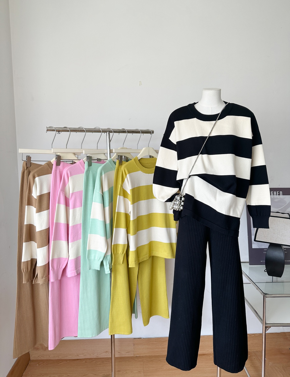 Splice fashion stripe round neck sweater 2pcs set for women